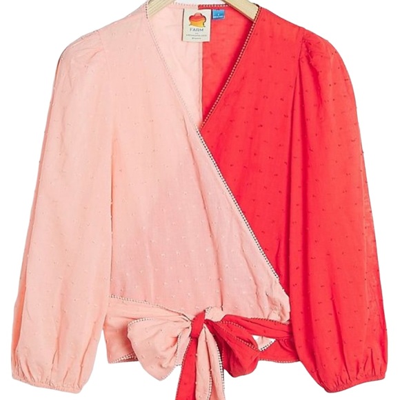 NWT Anthropologie Farm Rio Pink & Red Colorblock Wrap Blouse Top Size Medium - Picture 3 of 12